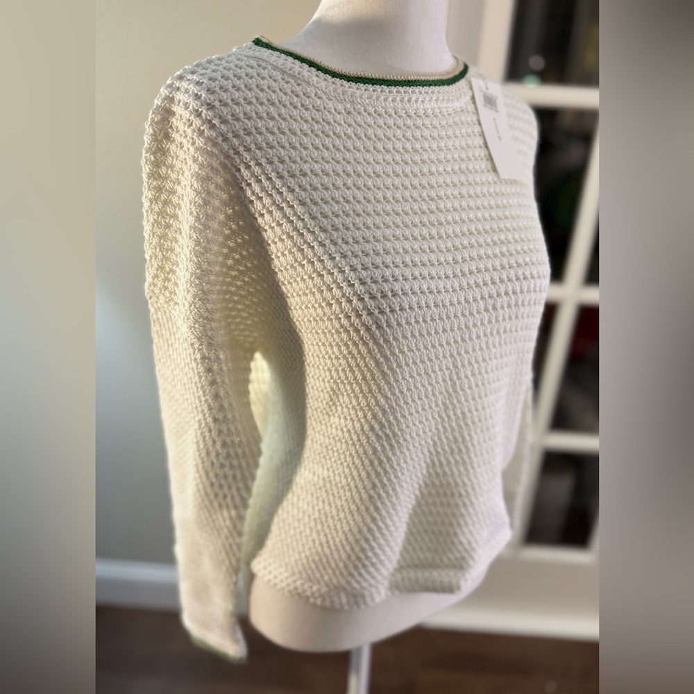 NWT Vince Luxury Open Knit Crochet Sweater XXS Cream Green Trim Lightweight $395
